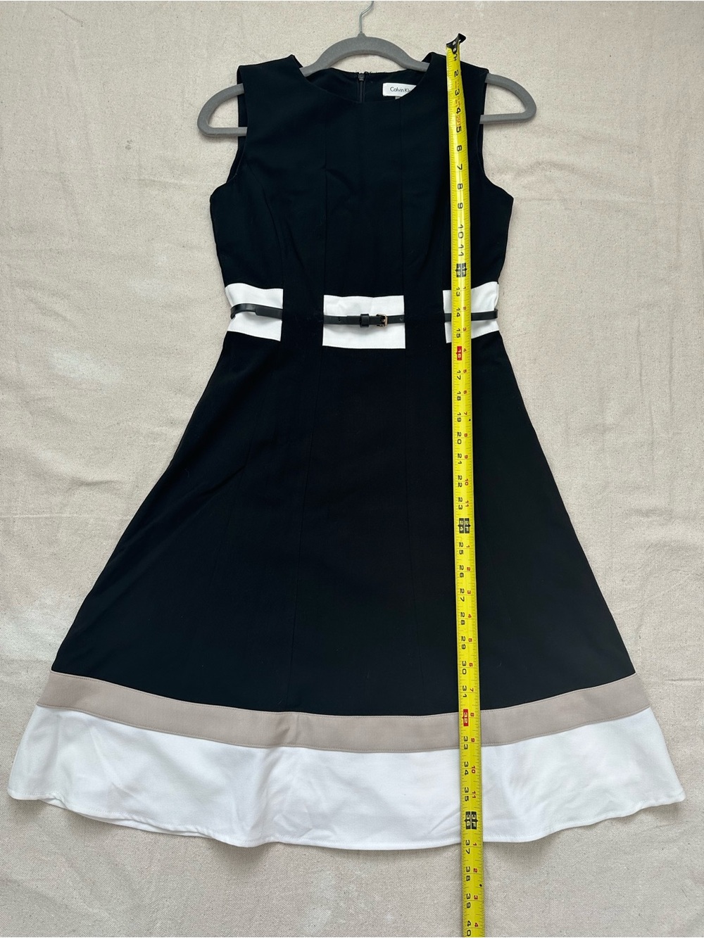 Calvin Klein Black White Tan Colorblock Fit & Flare Belted Dress Size 0 Office - Picture 5 of 9